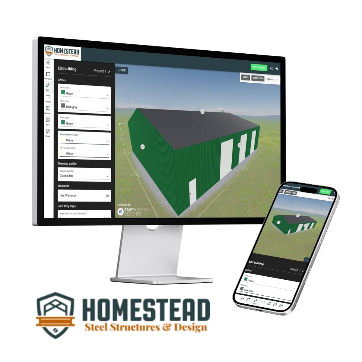 Homestead Steel 3D Building Designer — customize colors, dimensions, doors, and more