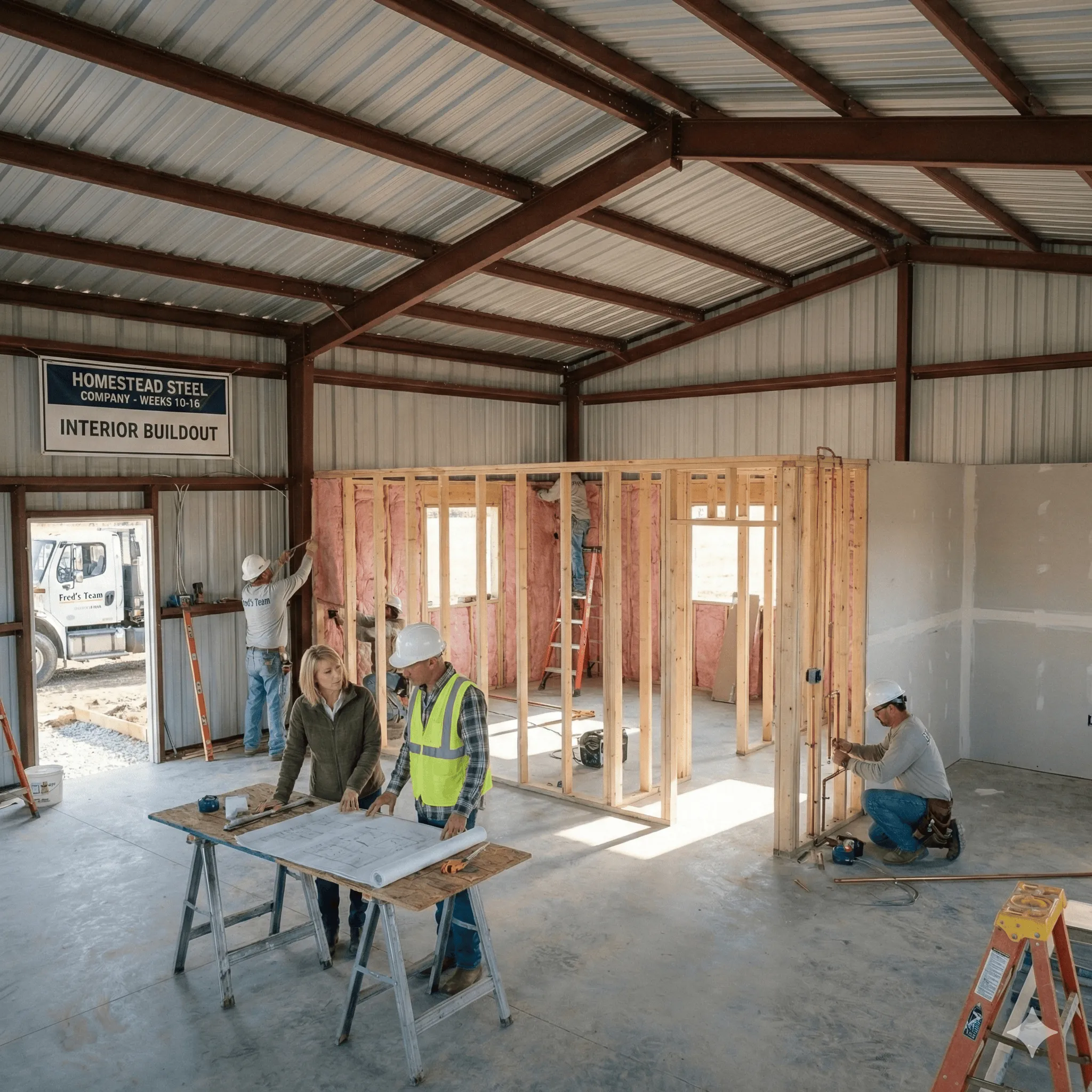Barndominium interior buildout by Homestead Steel showing framing, insulation, and finish work in progress